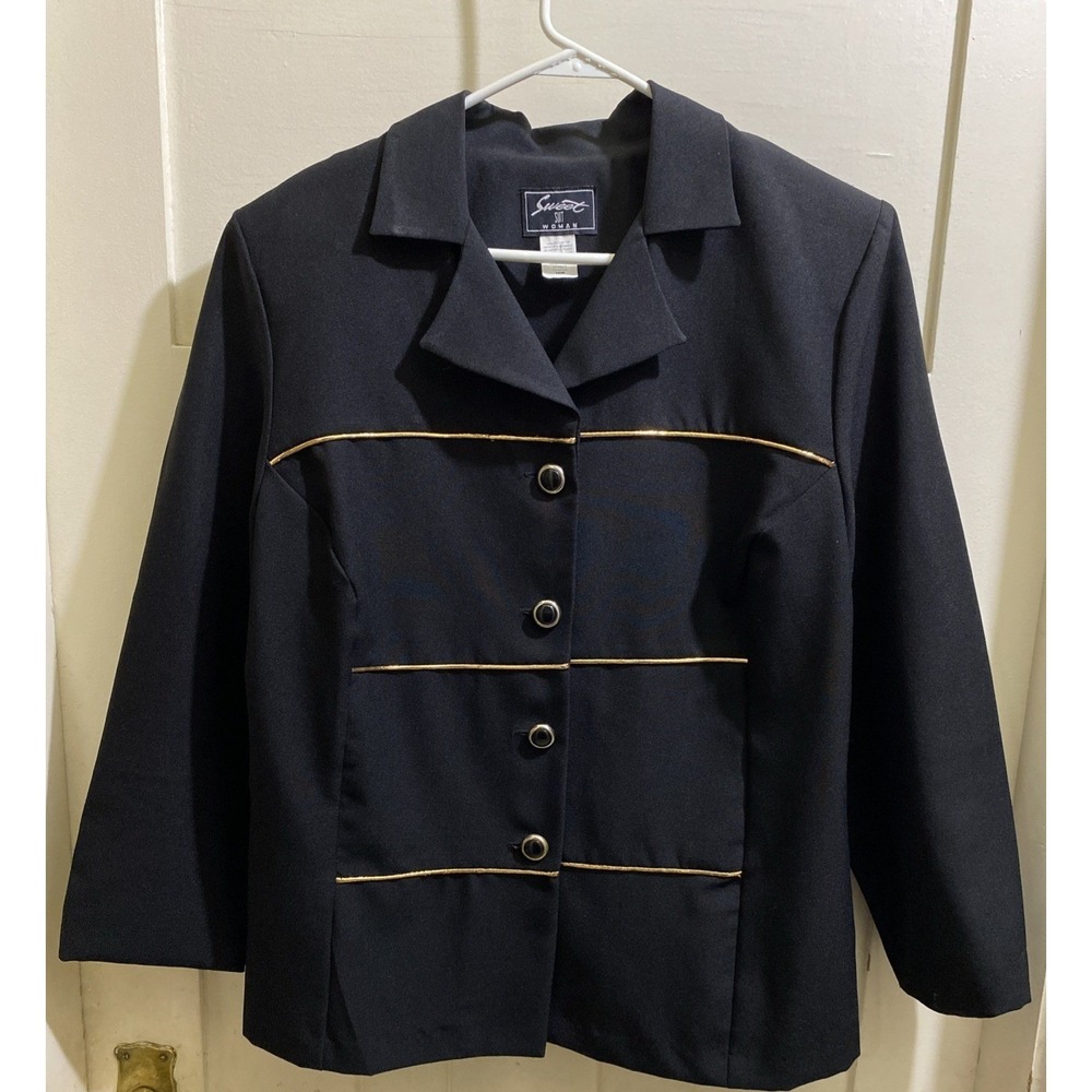 Sweet Suit Woman Black‎ Blazer With Gold Piping Sz 16W Vintage 90's